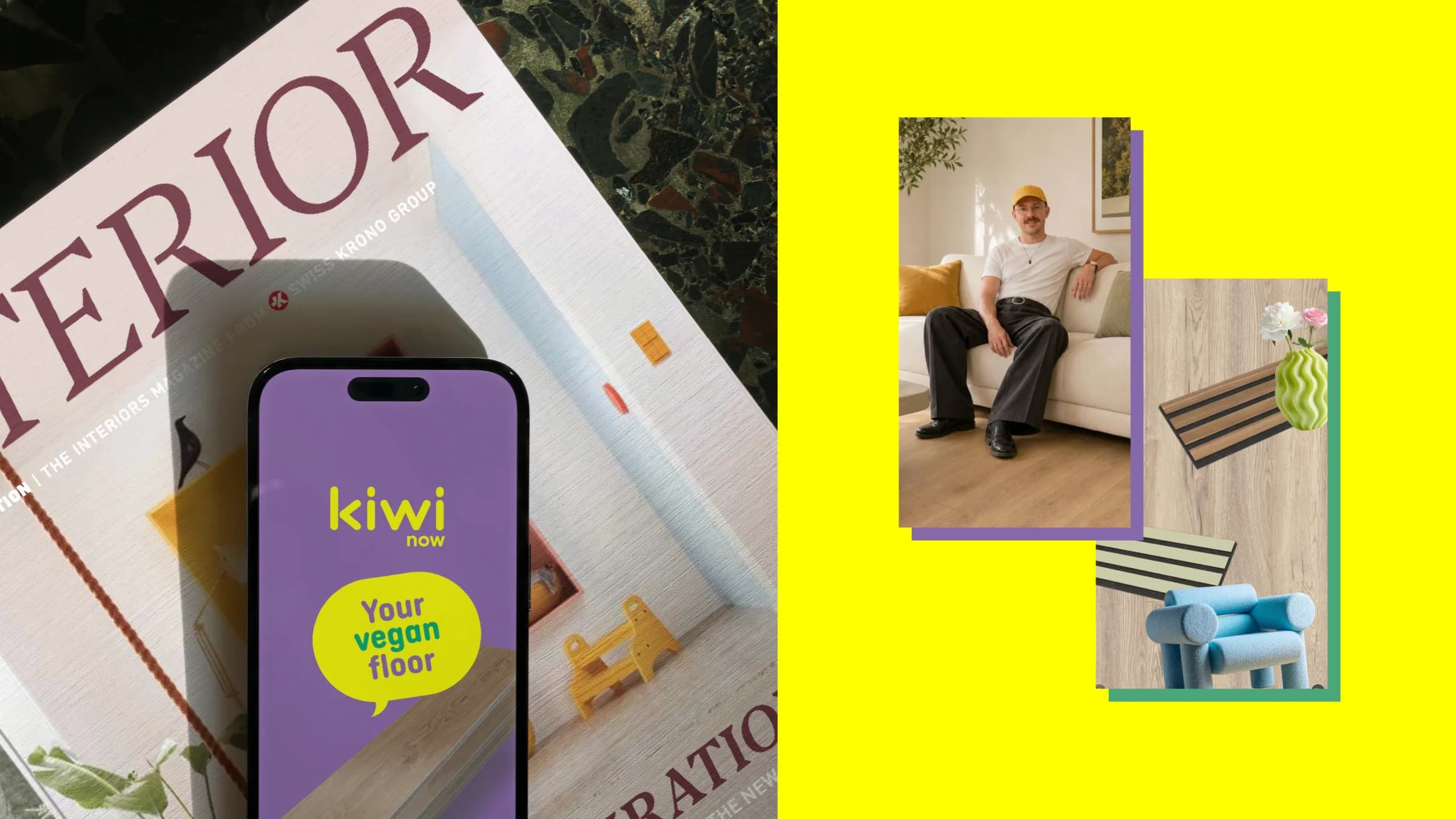 kiwi now im Magazin und auf dem Telefon, daneben eine Collage aus Dekoren