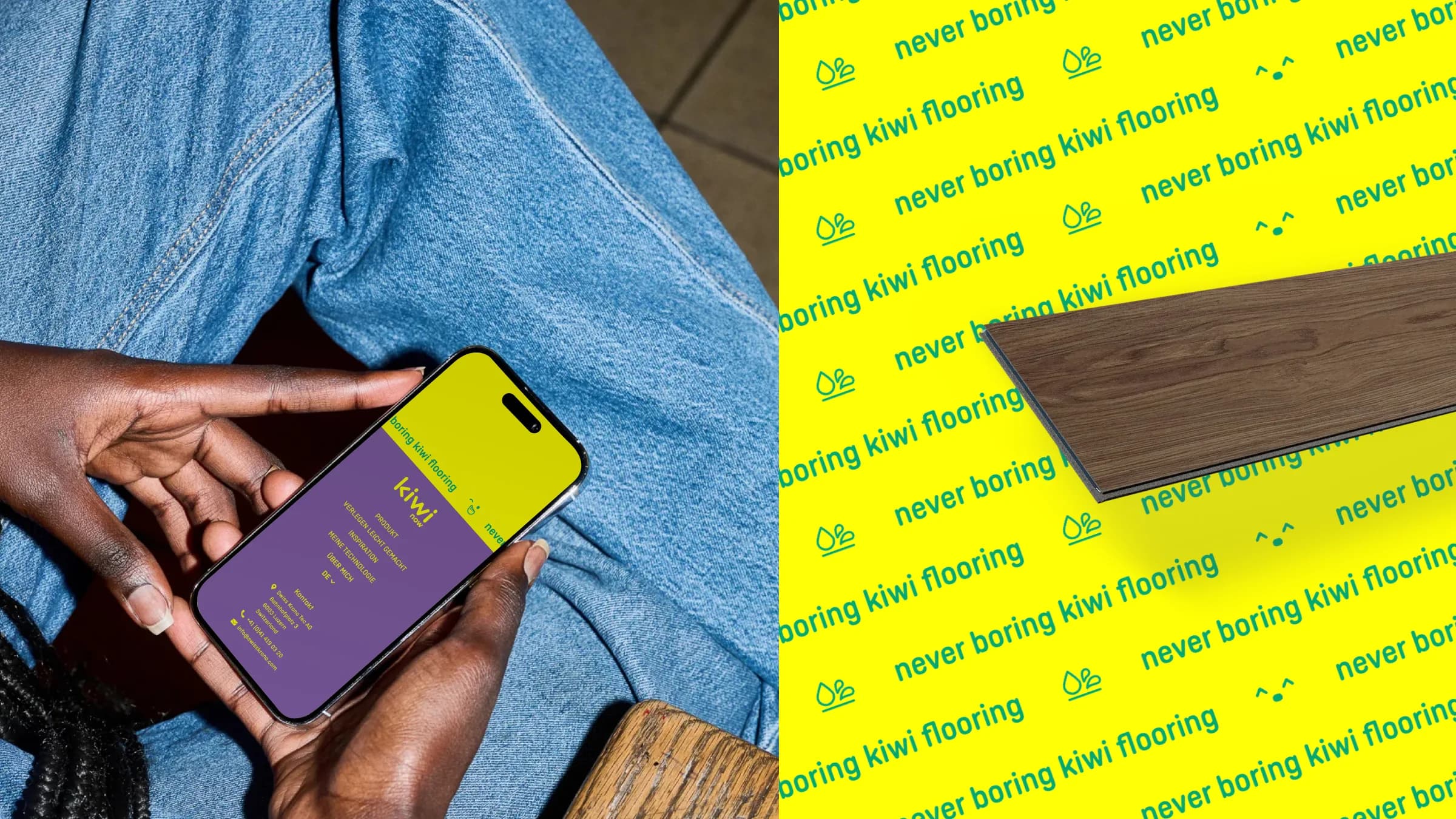 Die Marke am Telefon und als Muster: never boring kiwi flooring
