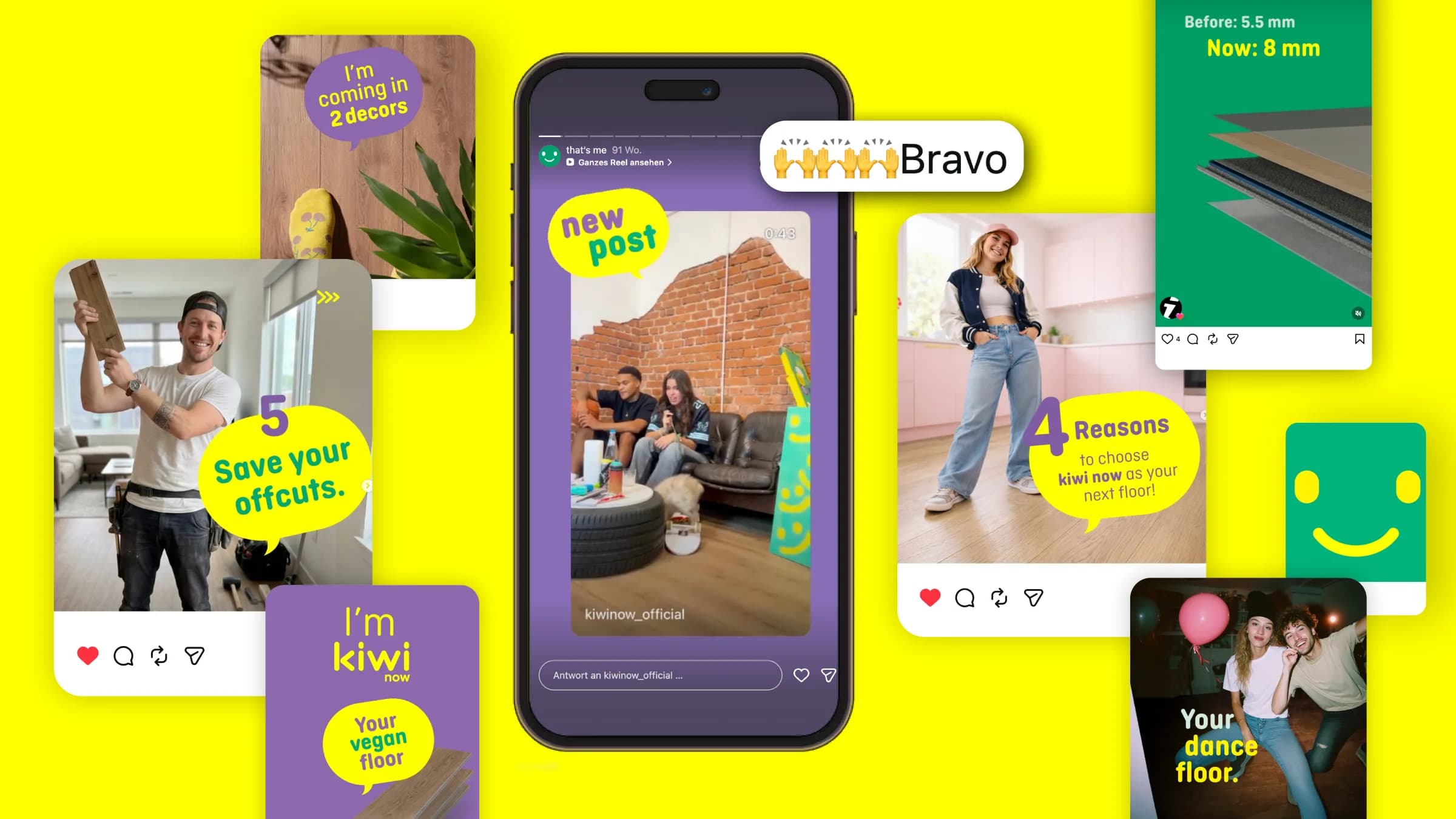 Posts, Reels und Storys von kiwi now nebeneinander