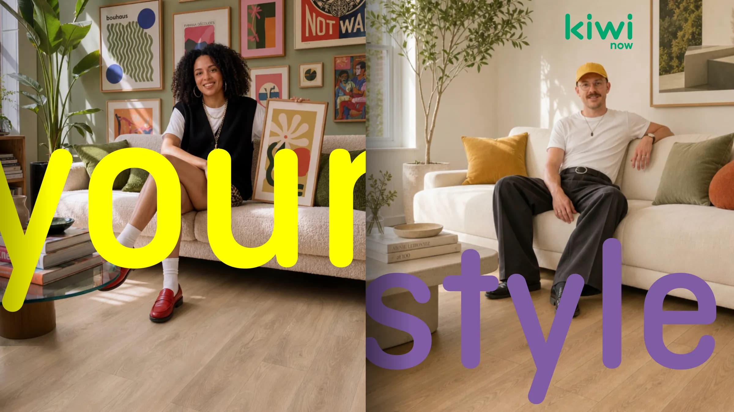 „your style“: zwei Wohnräume mit kiwi now Boden, dazu der Schriftzug in Gelb und Violett