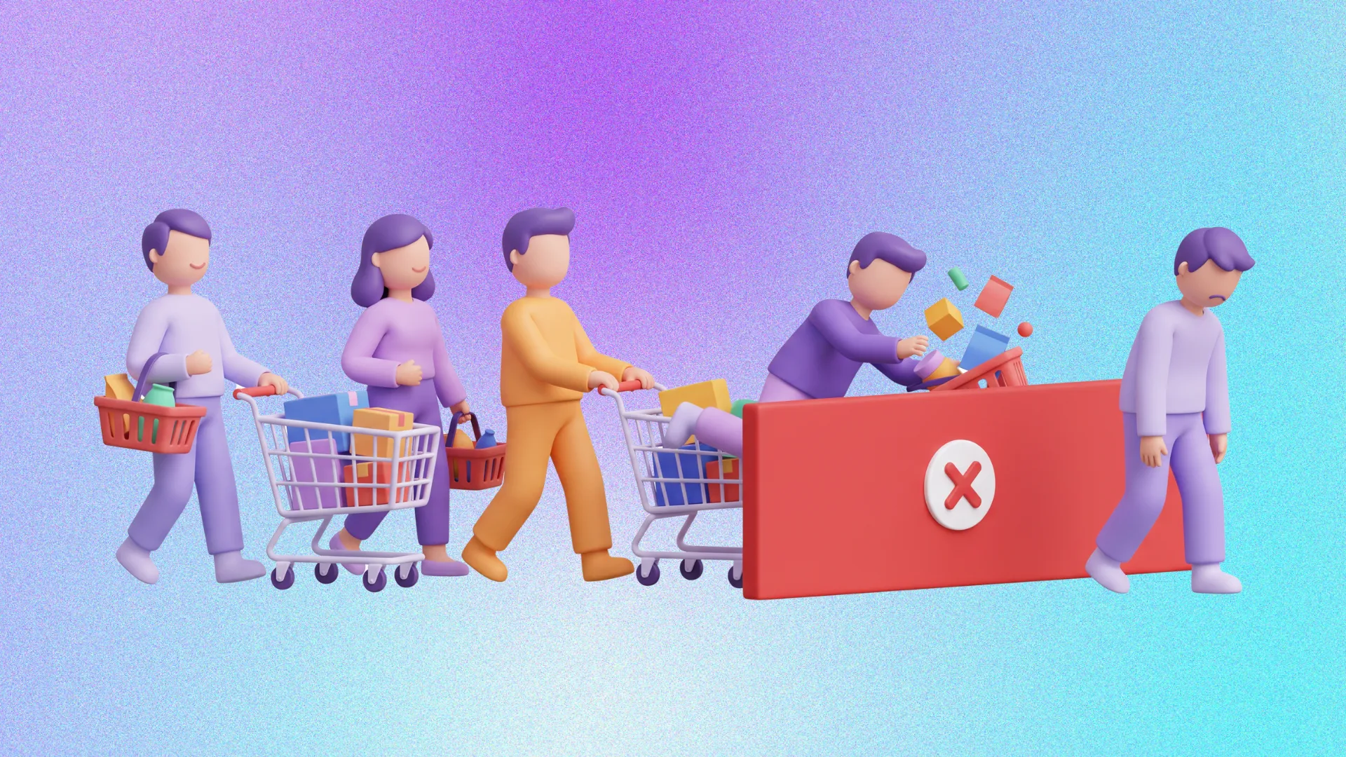 3D-Illustration: Einkäufer mit Warenkörben und -wagen vor einem roten Ablehnungs-Symbol – Metapher für abgebrochene Kaufprozesse oder Warenkorbabbrüche im E-Commerce.
